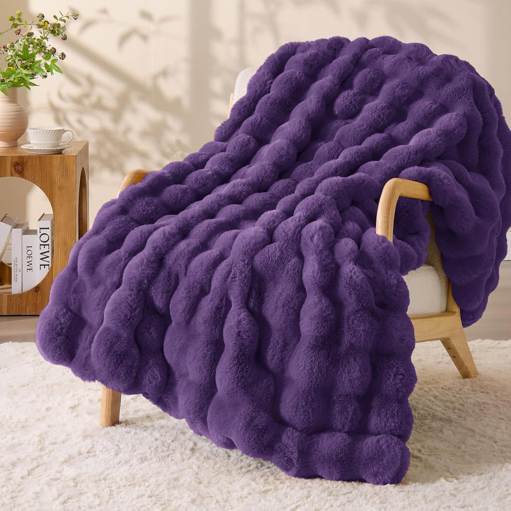 Purple Faux Fur Throw Blanket, Soft Cozy Plush Purple Bubble Blanket for Couch Sofa Bedroom Living Room Decor - 870GSM Thick Warm Fuzzy Fluffy Faux Rabbit Fur Blanket for Women Gift, 50x60 Inches
