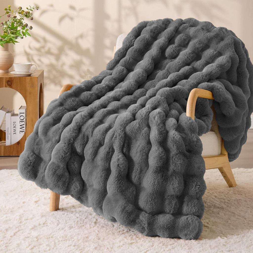 Gray Faux Fur Cream Throw Blanket, Soft Cozy Plush Bubble Blanket for Couch Sofa Bedroom Living Room Decor - 870GSM Thick Warm Fuzzy Fluffy Faux Rabbit Fur Blanket for Women Gift, 50x60 Inches