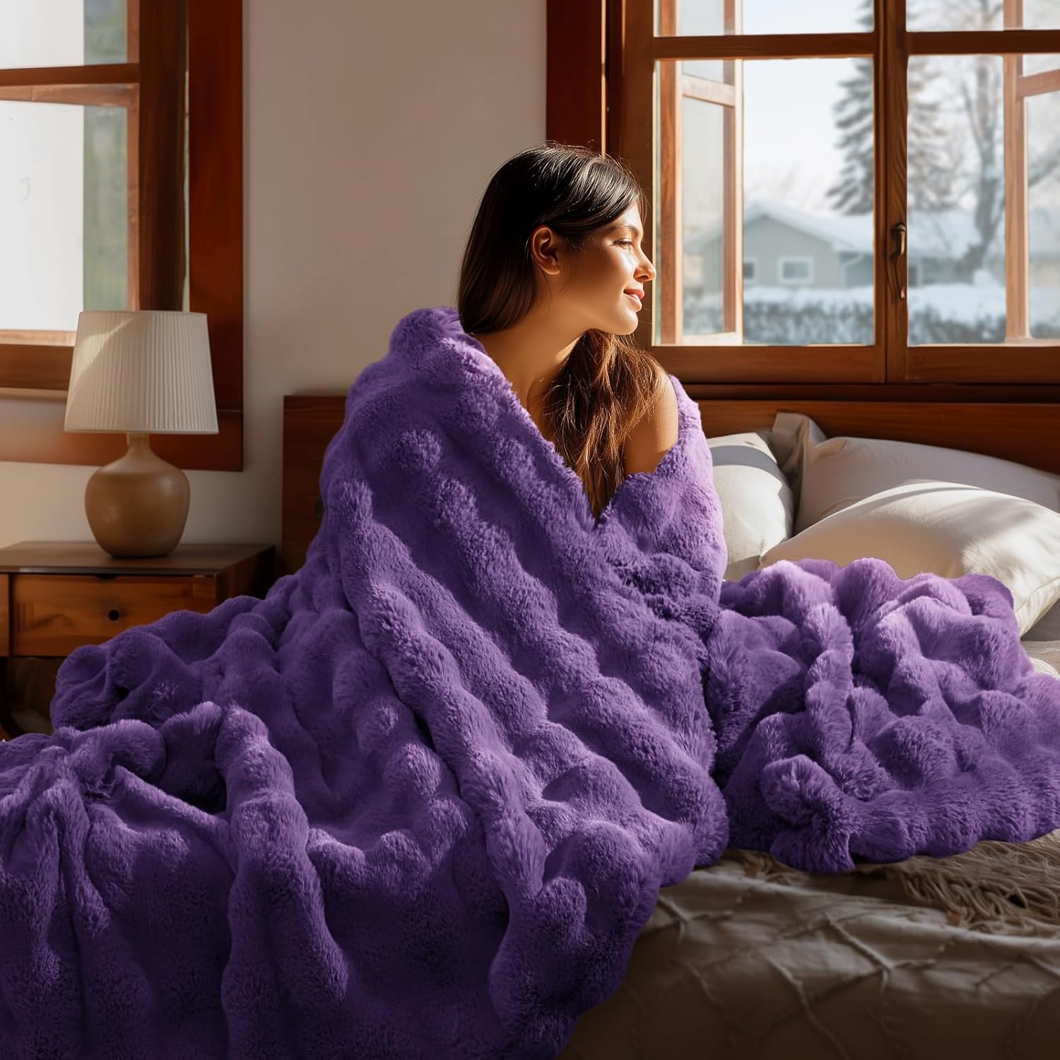 Purple Faux Fur Throw Blanket, Soft Cozy Plush Purple Bubble Blanket for Couch Sofa Bedroom Living Room Decor - 870GSM Thick Warm Fuzzy Fluffy Faux Rabbit Fur Blanket for Women Gift, 50x60 Inches