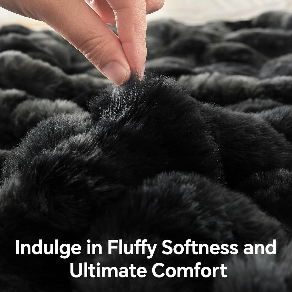 Black Faux Fur Throw Blanket for Couch, Decorative Tie-Dye Black Plush Bubble Blanket - Super Soft &amp; Cozy Fluffy Faux Rabbit Fur Blanket for Women Gift, 50x60 Inches
