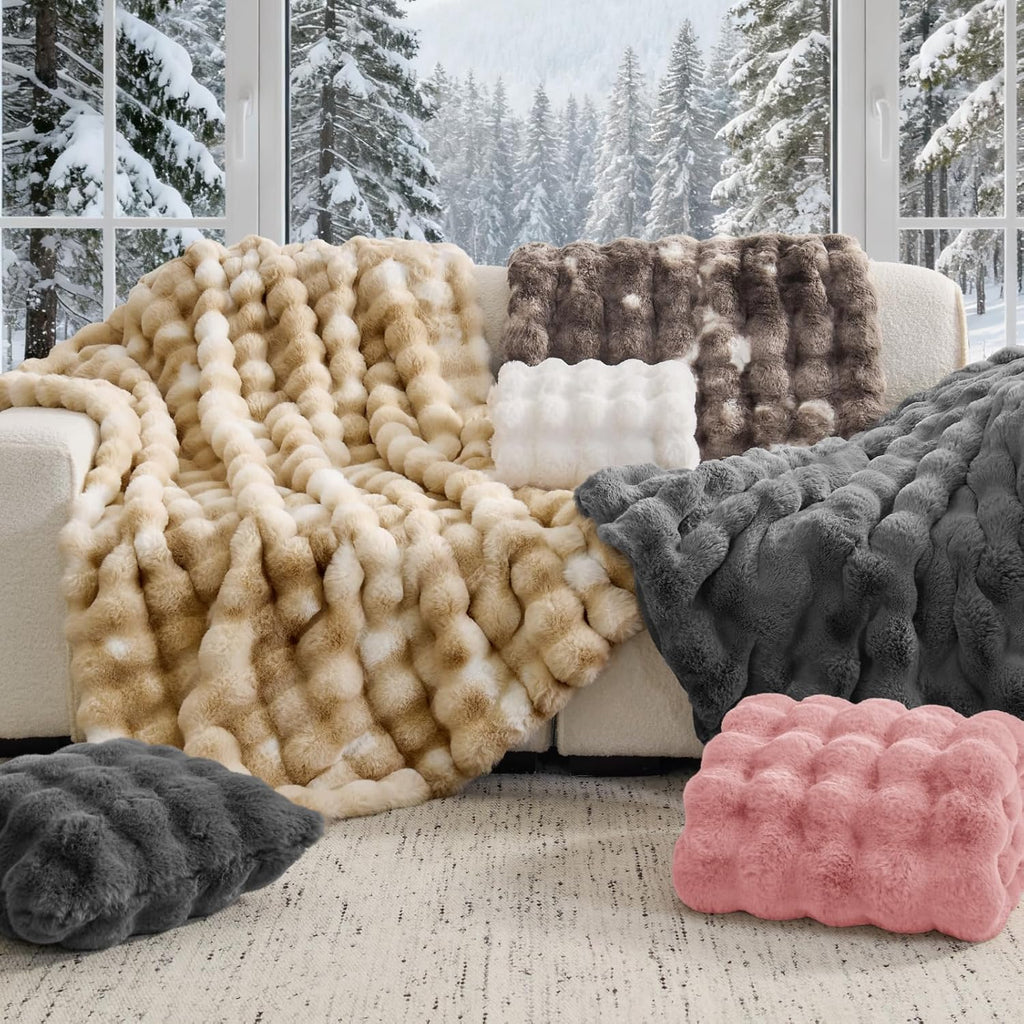 White Faux Fur Cream Throw Blanket, Soft Cozy Plush Bubble Blanket for Couch Sofa Bedroom Living Room Decor - 870GSM Thick Warm Fuzzy Fluffy Faux Rabbit Fur Blanket for Women Gift, 50x60 Inches