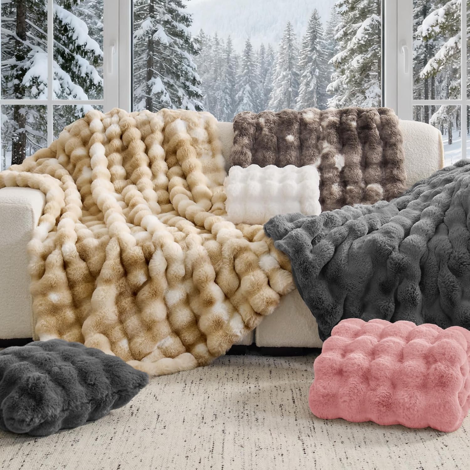 Gray Faux Fur Cream Throw Blanket, Soft Cozy Plush Bubble Blanket for Couch Sofa Bedroom Living Room Decor - 870GSM Thick Warm Fuzzy Fluffy Faux Rabbit Fur Blanket for Women Gift, 50x60 Inches