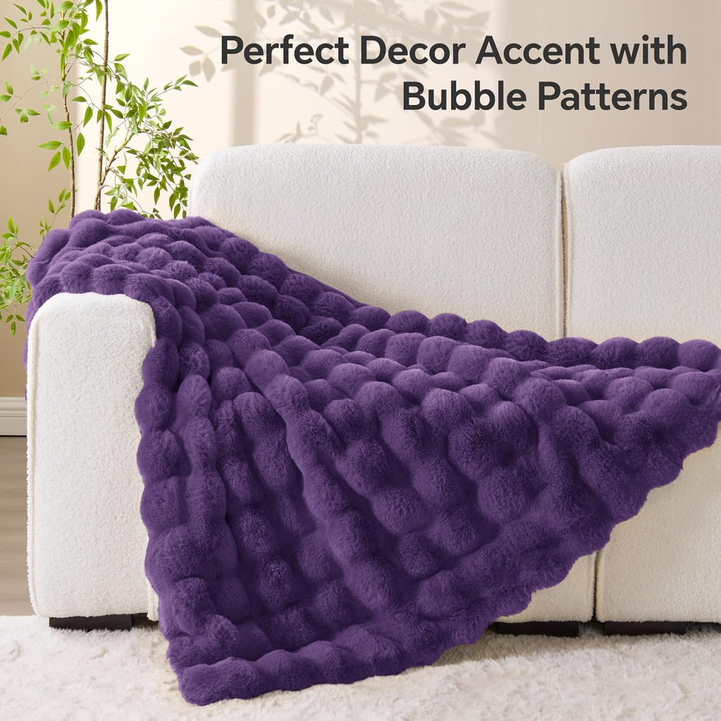Purple Faux Fur Throw Blanket, Soft Cozy Plush Purple Bubble Blanket for Couch Sofa Bedroom Living Room Decor - 870GSM Thick Warm Fuzzy Fluffy Faux Rabbit Fur Blanket for Women Gift, 50x60 Inches