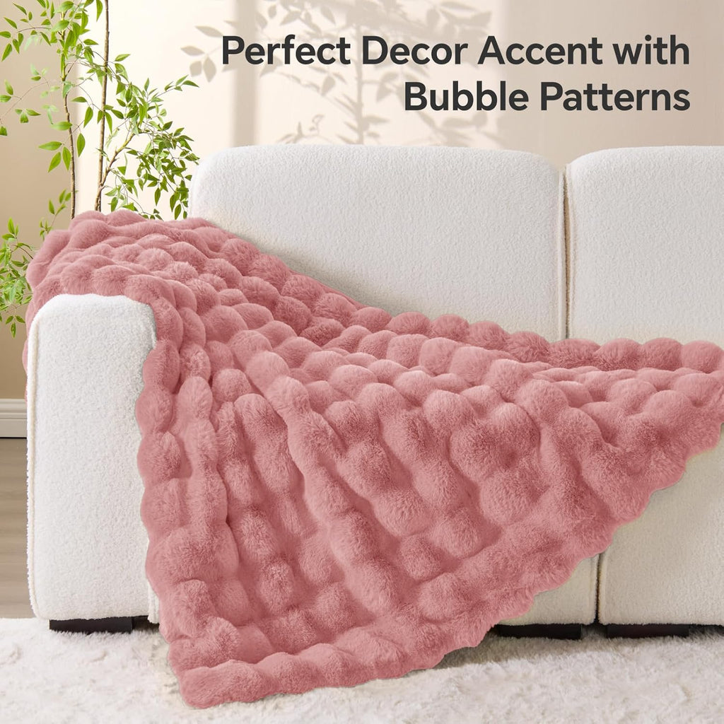 Pink Faux Fur Throw Blanket, Soft Cozy Plush Purple Bubble Blanket for Couch Sofa Bedroom Living Room Decor - 870GSM Thick Warm Fuzzy Fluffy Faux Rabbit Fur Blanket for Women Gift, 50x60 Inches