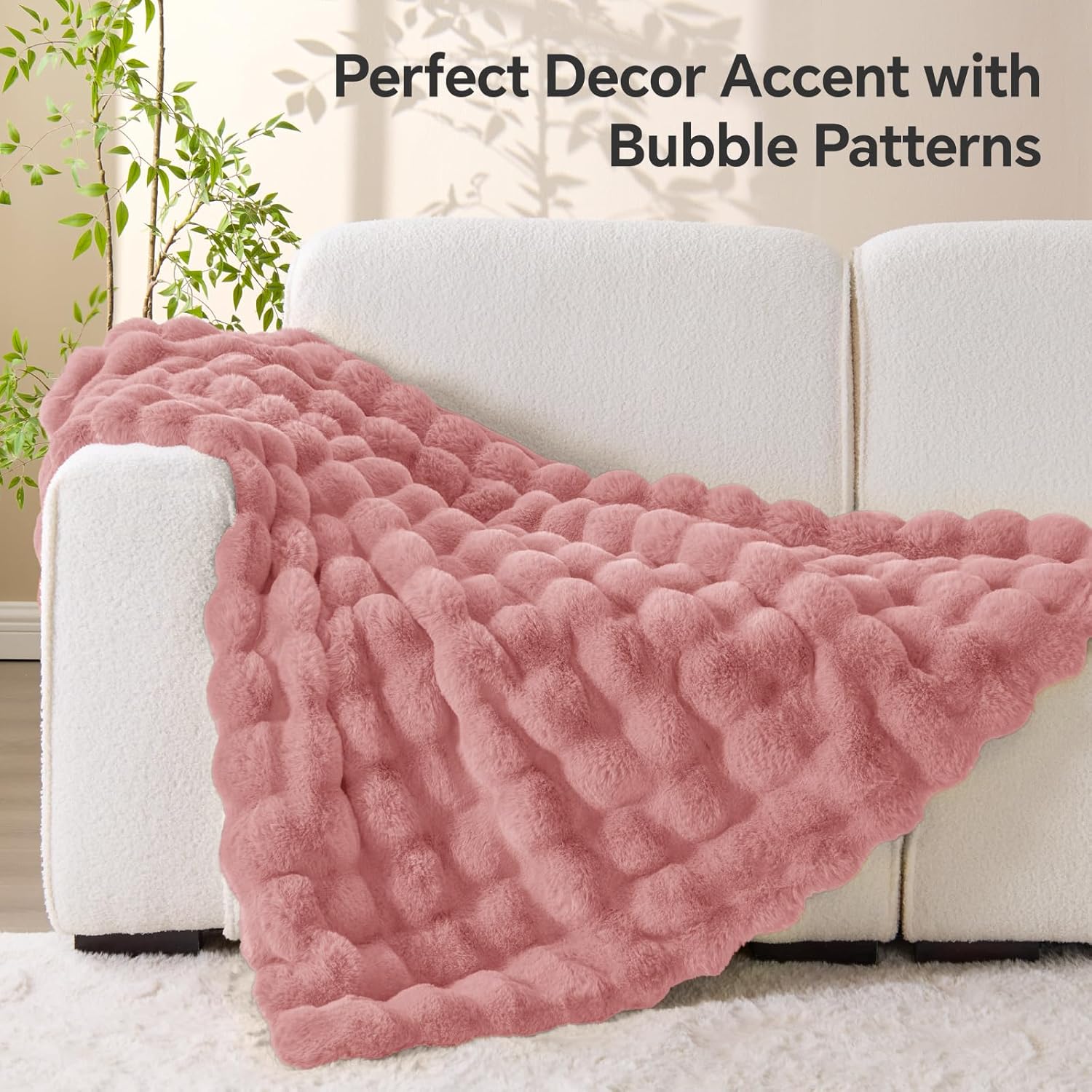 Pink Faux Fur Throw Blanket, Soft Cozy Plush Purple Bubble Blanket for Couch Sofa Bedroom Living Room Decor - 870GSM Thick Warm Fuzzy Fluffy Faux Rabbit Fur Blanket for Women Gift, 50x60 Inches