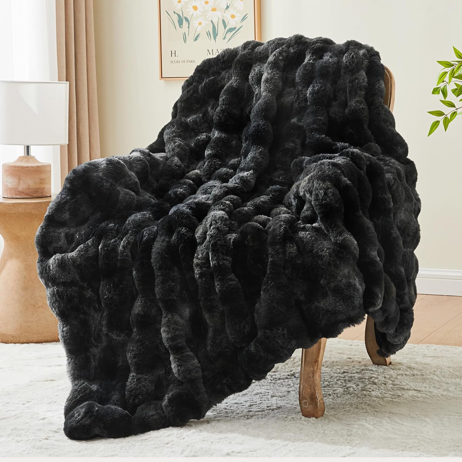 Black Faux Fur Throw Blanket for Couch, Decorative Tie-Dye Black Plush Bubble Blanket - Super Soft &amp; Cozy Fluffy Faux Rabbit Fur Blanket for Women Gift, 50x60 Inches