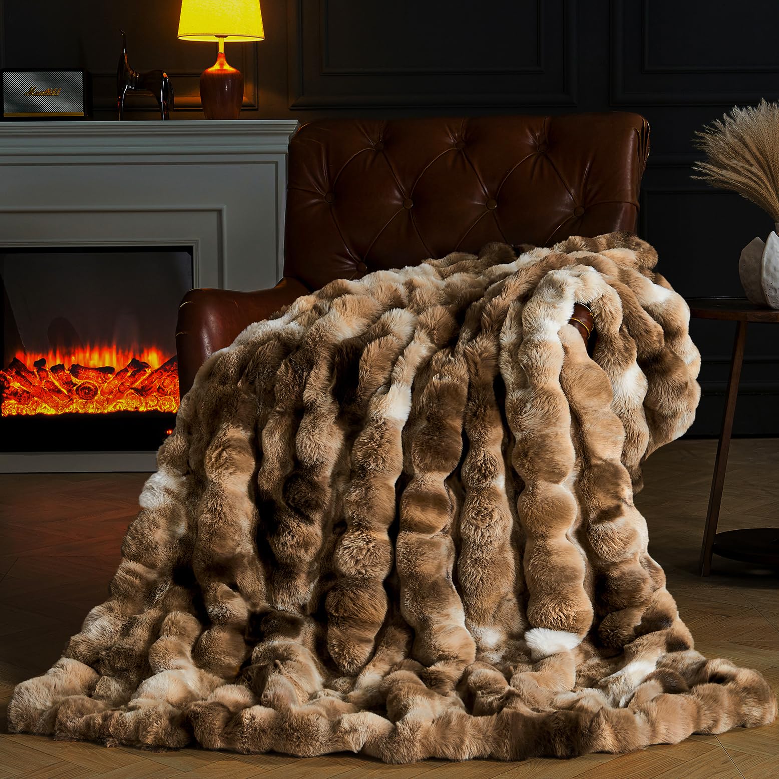 Brown Faux Fur Throw Blanket for Couch, Fluffy Fuzzy Plush Bubble Blanket, Soft Warm Cozy Shaggy Rabbit Blanket, Luxury Decorative Gifts for Sofa Bedroom Living Room, 60x50inch
