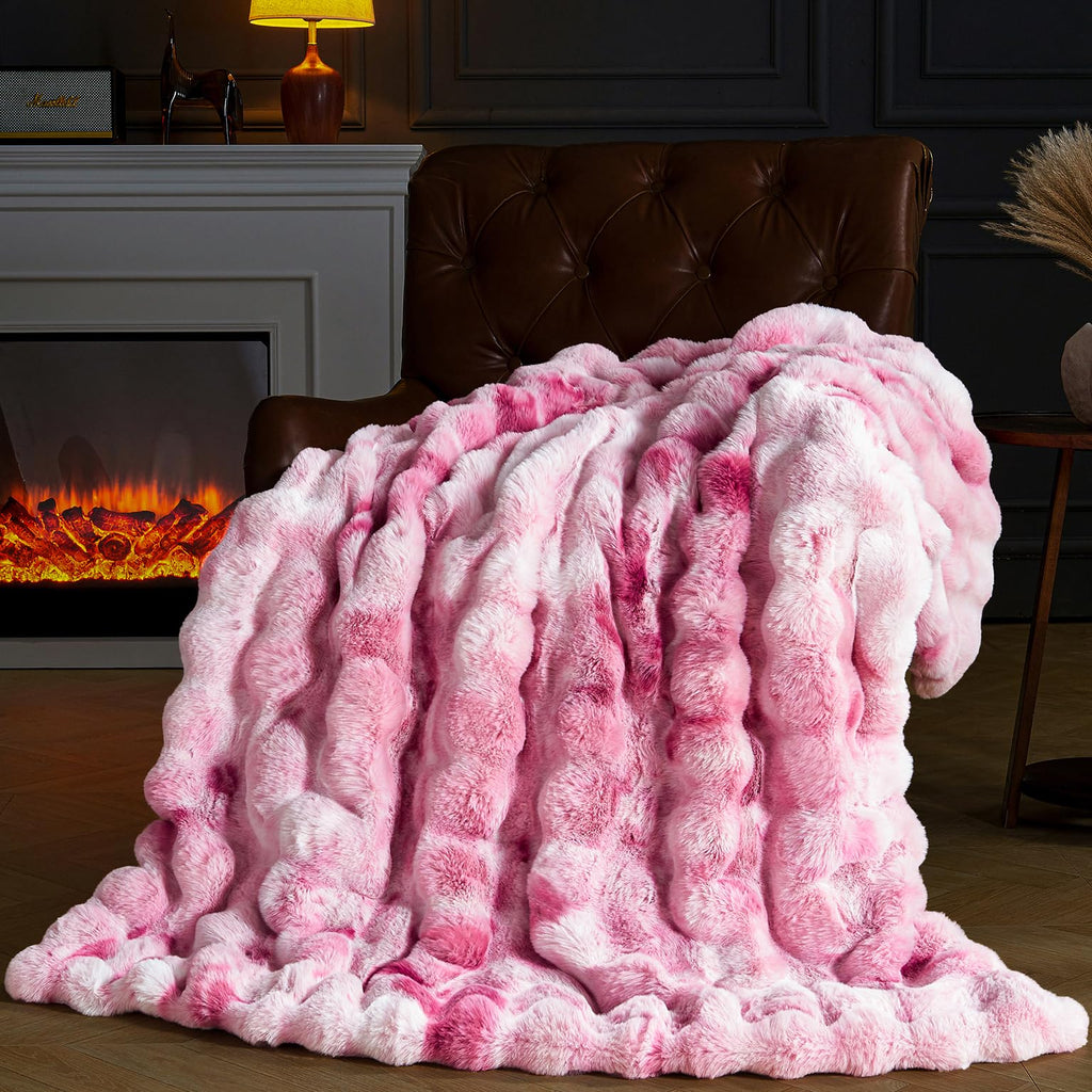 Pink Faux Fur Throw Blanket for Couch, Fluffy Fuzzy Plush Bubble Blanket, Soft Warm Cozy Shaggy Rabbit Blanket, Luxury Decorative Gifts for Sofa Bedroom Living Room, 60x50inch