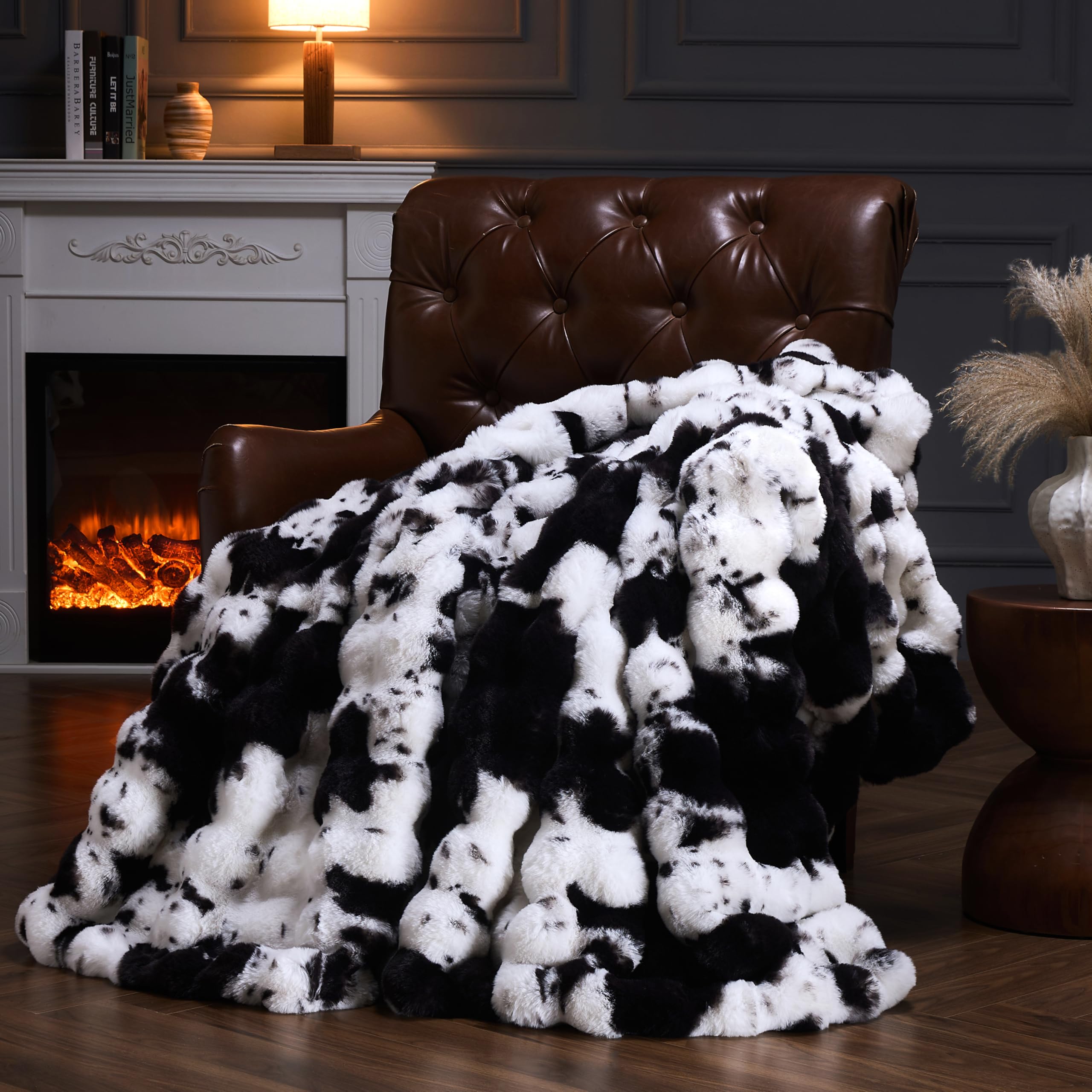 Cow Black Faux Fur Throw Blanket for Couch, Fluffy Fuzzy Plush Bubble Blanket, Soft Warm Cozy Shaggy Rabbit Blanket, Luxury Decorative Gifts for Sofa Bedroom Living Room, 60x50inch