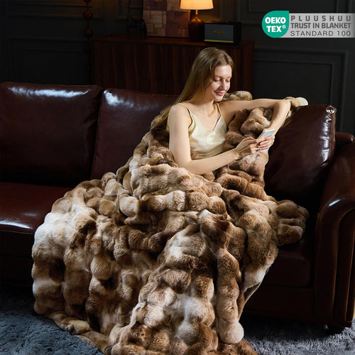 Brown Faux Fur Throw Blanket for Couch, Fluffy Fuzzy Plush Bubble Blanket, Soft Warm Cozy Shaggy Rabbit Blanket, Luxury Decorative Gifts for Sofa Bedroom Living Room, 60x50inch