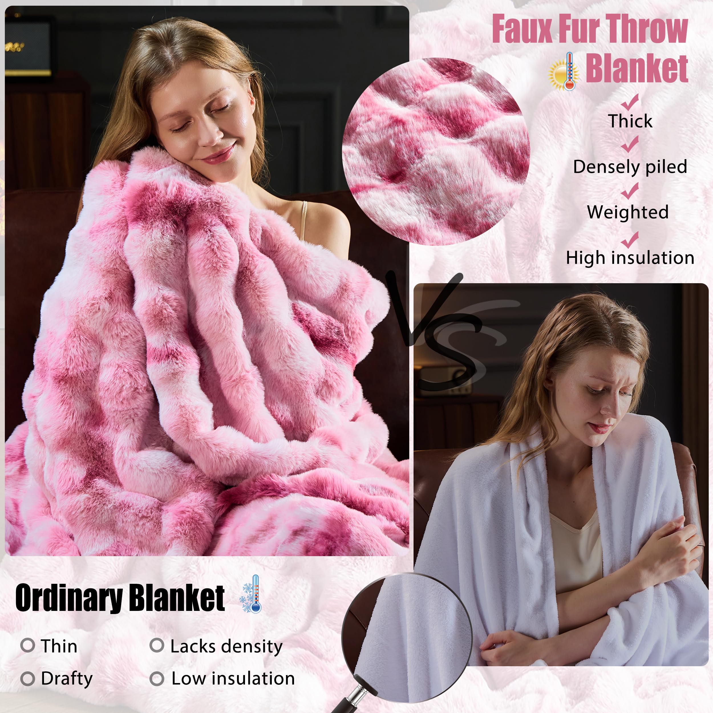 Pink Faux Fur Throw Blanket for Couch, Fluffy Fuzzy Plush Bubble Blanket, Soft Warm Cozy Shaggy Rabbit Blanket, Luxury Decorative Gifts for Sofa Bedroom Living Room, 60x50inch