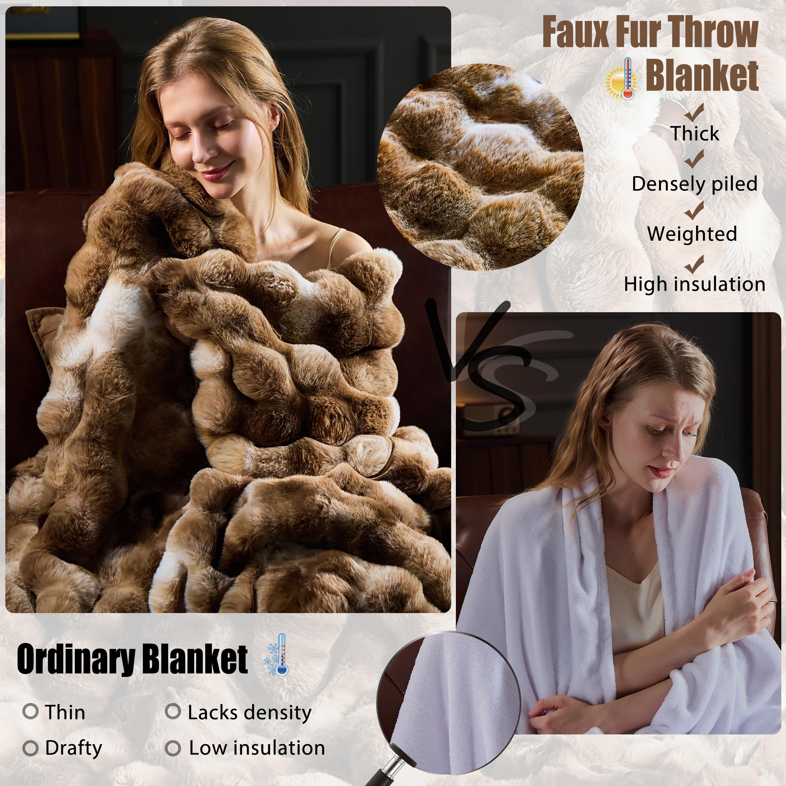 Brown Faux Fur Throw Blanket for Couch, Fluffy Fuzzy Plush Bubble Blanket, Soft Warm Cozy Shaggy Rabbit Blanket, Luxury Decorative Gifts for Sofa Bedroom Living Room, 60x50inch