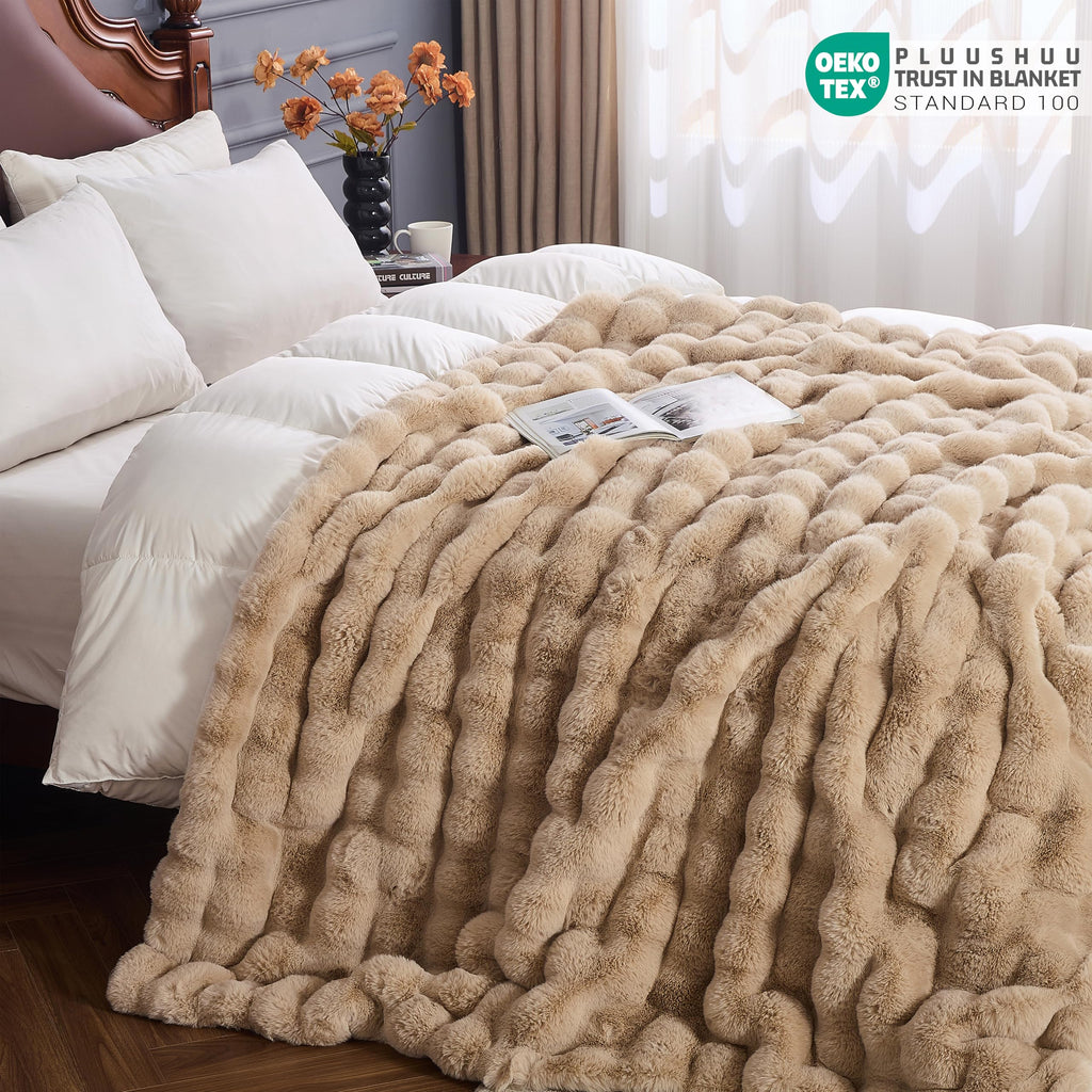 Light Brown Faux Fur Throw Blanket for Couch, Fluffy Fuzzy Plush Bubble Blanket, Soft Warm Cozy Shaggy Rabbit Blanket, Luxury Decorative Gifts for Sofa Bedroom Living Room, 60x50inch