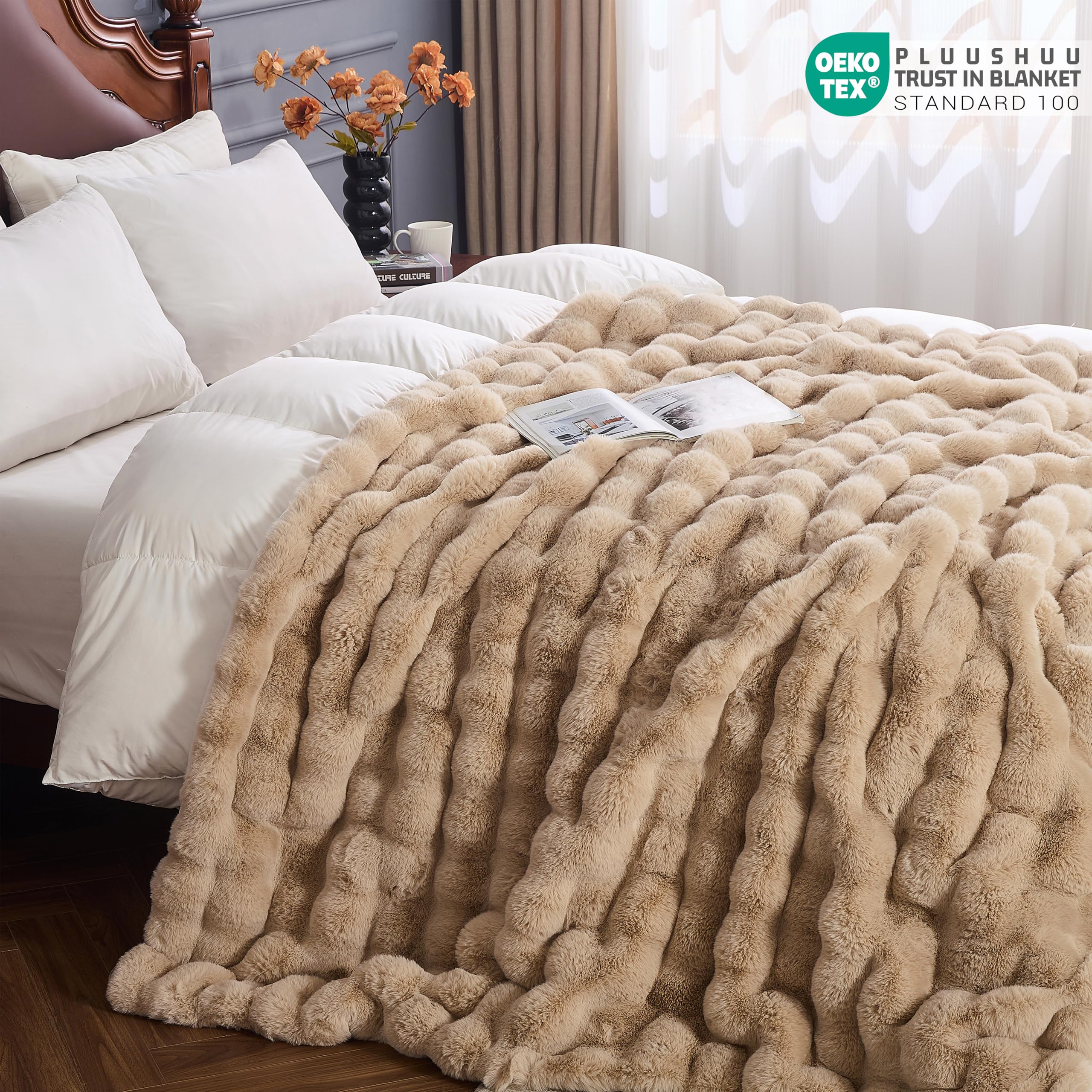 Light Brown Faux Fur Throw Blanket for Couch, Fluffy Fuzzy Plush Bubble Blanket, Soft Warm Cozy Shaggy Rabbit Blanket, Luxury Decorative Gifts for Sofa Bedroom Living Room, 60x50inch