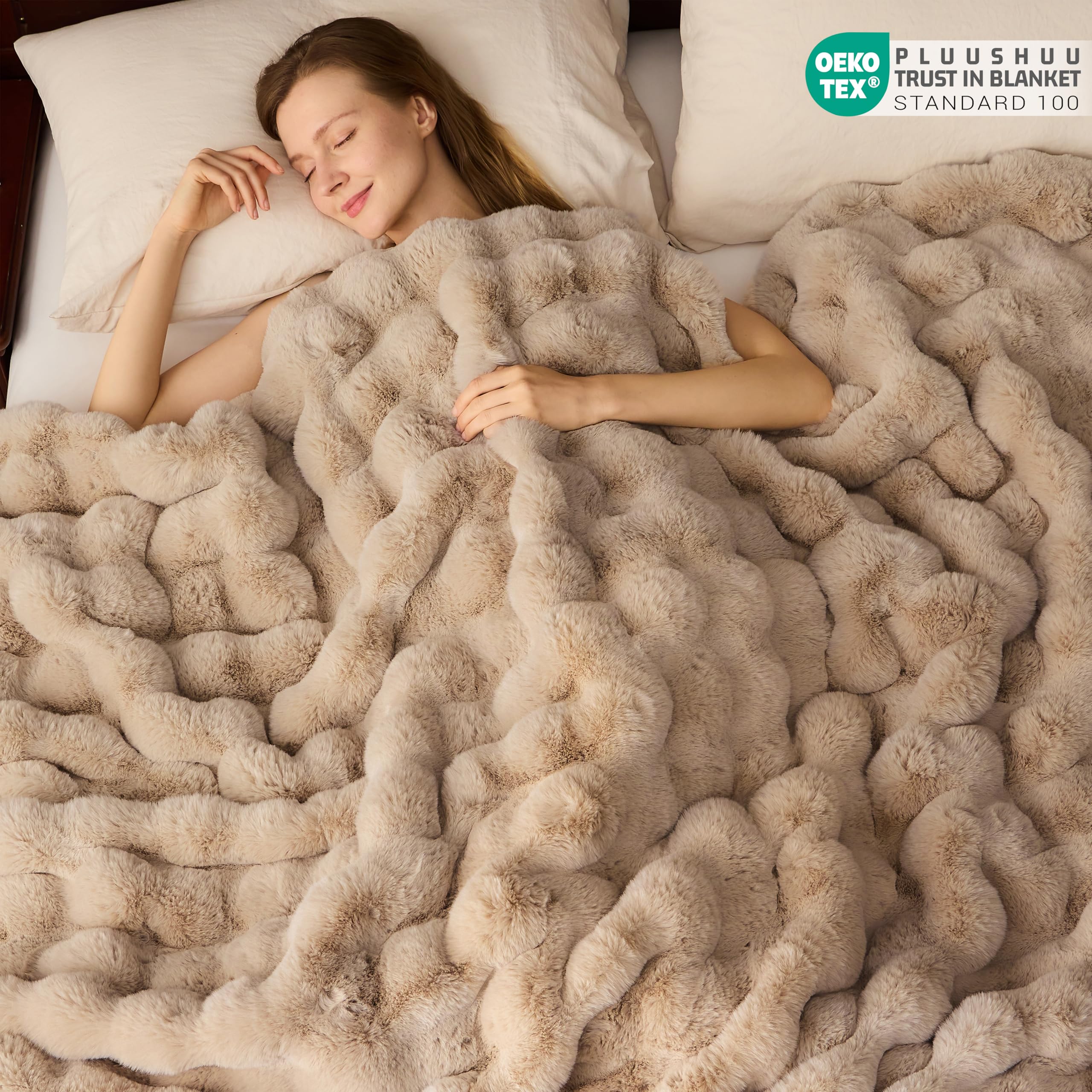Light Brown Faux Fur Throw Blanket for Couch, Fluffy Fuzzy Plush Bubble Blanket, Soft Warm Cozy Shaggy Rabbit Blanket, Luxury Decorative Gifts for Sofa Bedroom Living Room, 60x50inch