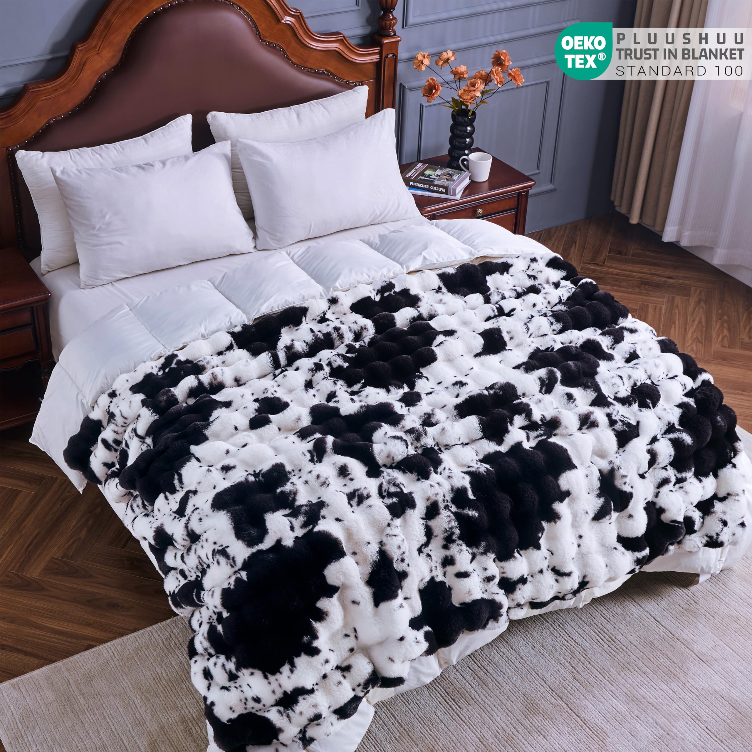 Cow Black Faux Fur Throw Blanket for Couch, Fluffy Fuzzy Plush Bubble Blanket, Soft Warm Cozy Shaggy Rabbit Blanket, Luxury Decorative Gifts for Sofa Bedroom Living Room, 60x50inch